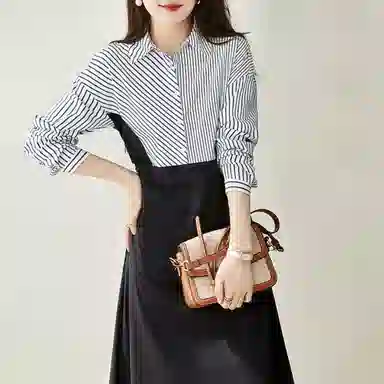 【dme】 条纹拼接翻领长袖连衣裙 藏青