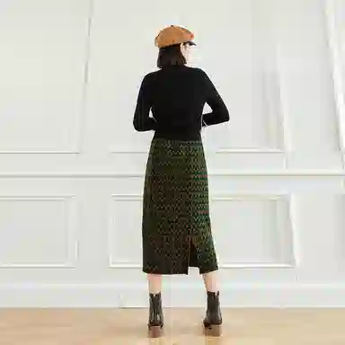 美洋 腰部松紧提花后部开叉针织半身裙 绿色