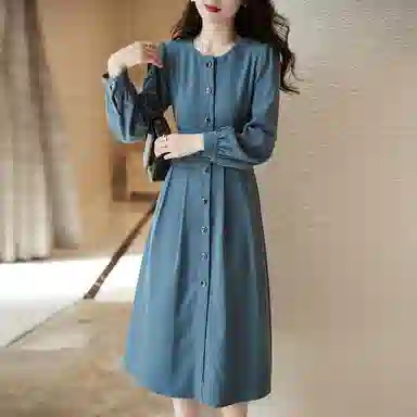【dme】 圆领复古蓝长袖连衣裙 灰蓝