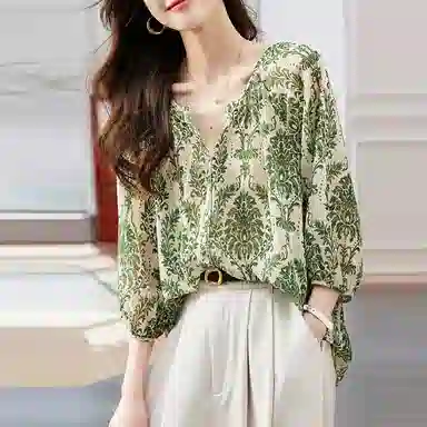 【dme】印花灯笼袖短袖衬衫 女款 藻绿