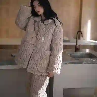 同语 冬季三层夹棉加厚法兰绒珊瑚绒 睡衣家居服加绒套装 女款