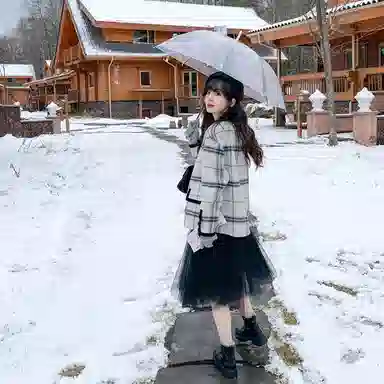 小镇姗姗 格纹方领双面呢大衣 女款 灰格子