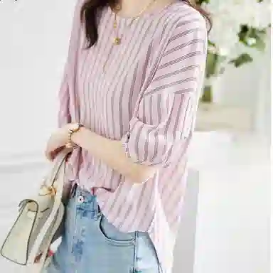 【dme】 休闲通勤法式落肩条纹短袖衬衫 女款 浅粉红