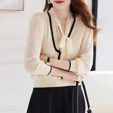 【dme】 纯色领口拼色长袖衬衫 女款 杏色