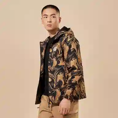 鸿星尔克 纹理感字母印花休闲加绒加厚连帽保暖风衣 男款 雅丹橙
