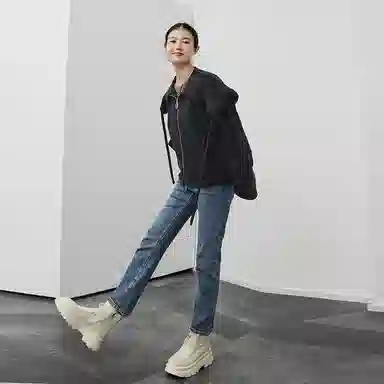 美洋 复古高腰直筒九分休闲牛仔裤 女款 蓝色