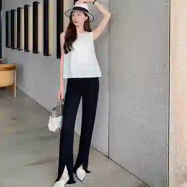 美洋 纯色直筒高腰开叉休闲裤 女款