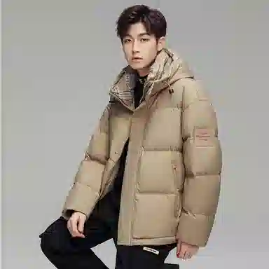 鸭鸭 撞色格子领保暖中长款连帽羽绒服外套 男款