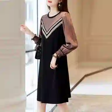 【dme】休闲圆领拼接中腰长袖连衣裙 黑色