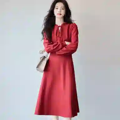 【dme】法式复古收腰气质中长款长袖连衣裙