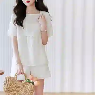 【dme】灯笼袖拼接短袖衬衫纯色中腰短裤衬衫套装 女款 米白