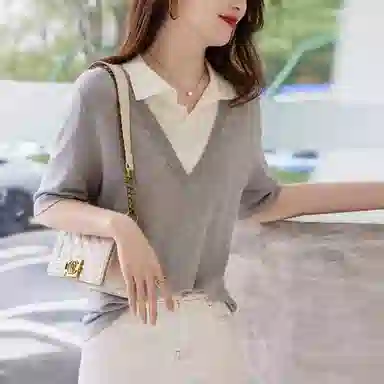 【dme】纯色翻领休闲短袖针织衫 女款 灰色