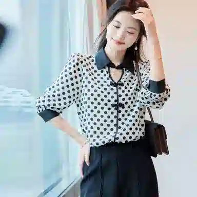 【dme】 波点图案休闲长袖衬衫 女款 米白