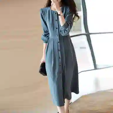 【dme】 圆领复古蓝长袖连衣裙 灰蓝