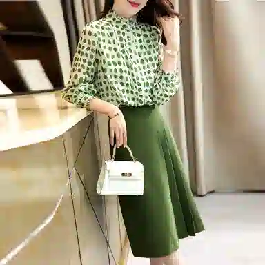 【dme】圆点印花长袖衬衫纯色褶皱半身裙裙装套装 女款 绿色