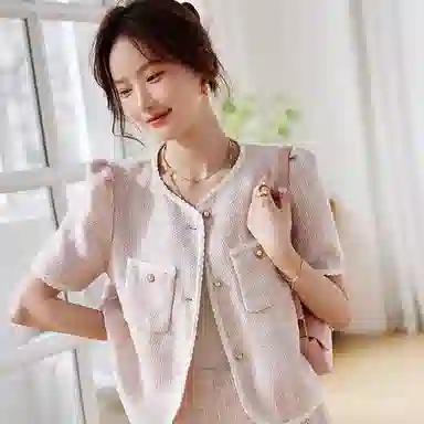 【dme】 圆领针织短袖上衣直筒短裤休闲运动套装 女款 浅粉红