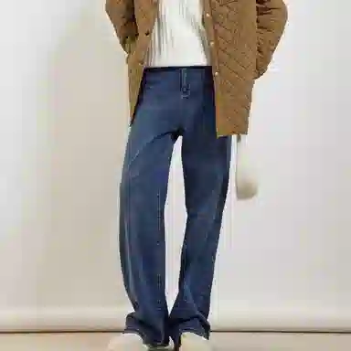 美洋 纯色高腰直筒牛仔裤 女款 深牛仔蓝