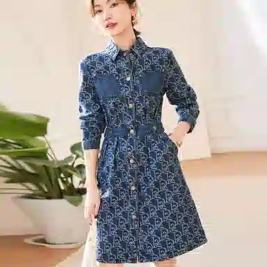 【dme】 元素图案满印单排扣长袖连衣裙 深牛仔蓝
