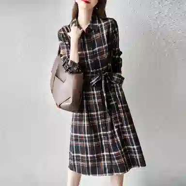 【dme】 格纹满印单排扣长袖连衣裙 藏青