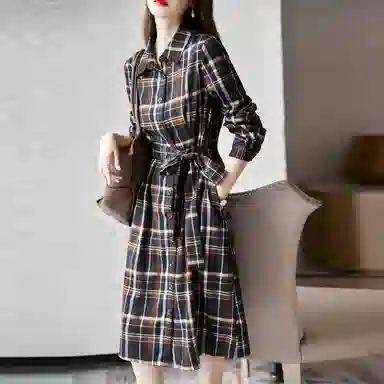 【dme】 格纹满印单排扣长袖连衣裙 藏青