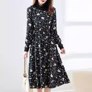 【dme】 半高领圆点满印松紧腰长袖连衣裙 黑色