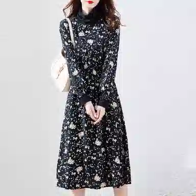 【dme】 半高领圆点满印松紧腰长袖连衣裙 黑色