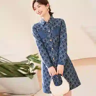 【dme】 元素图案满印单排扣长袖连衣裙 深牛仔蓝