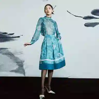 【dme】 植物图案满印高腰百褶休闲长裙 孔雀蓝