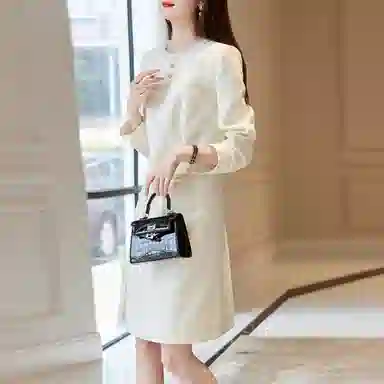 【dme】 纯色拉链收腰长袖连衣裙 米白