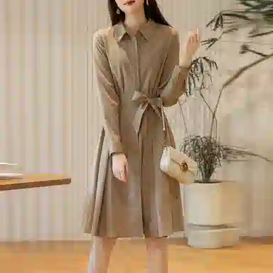 【dme】 格子满印衬衫式系带收腰长长袖连衣裙 女款 浅咖色