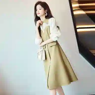 【dme】 拼接中腰休闲长袖连衣裙 浅咖色