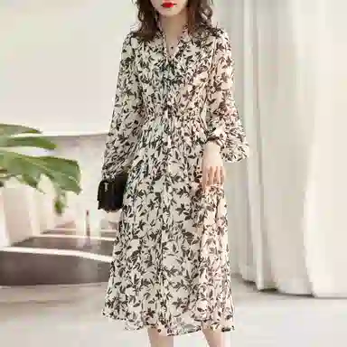 【dme】 植物图案满印高腰长袖连衣裙 黑色