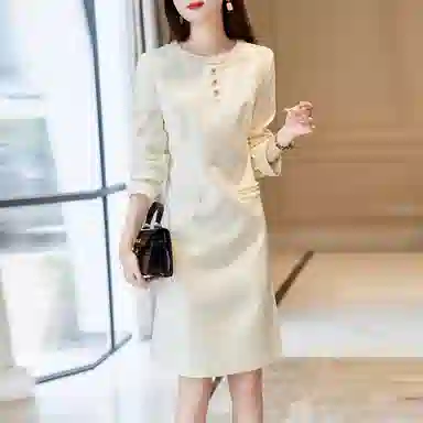 【dme】 纯色拉链收腰长袖连衣裙 米白