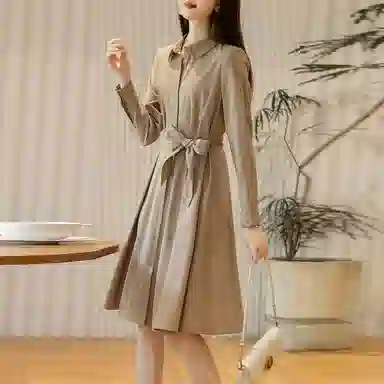 【dme】 格子满印衬衫式系带收腰长长袖连衣裙 女款 浅咖色