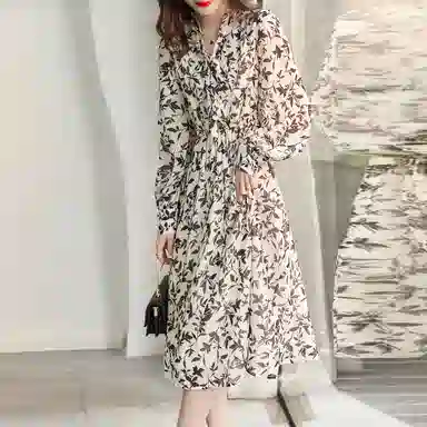 【dme】 植物图案满印高腰长袖连衣裙 黑色