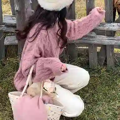 小镇姗姗 纯色绞花圆领针织毛衣