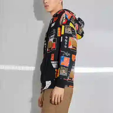 中国李宁 运动篮球系列 绘画元素撞色宽松连帽卫衣 男款 黑色