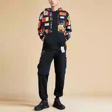 中国李宁 运动篮球系列 绘画元素撞色宽松连帽卫衣 男款 黑色