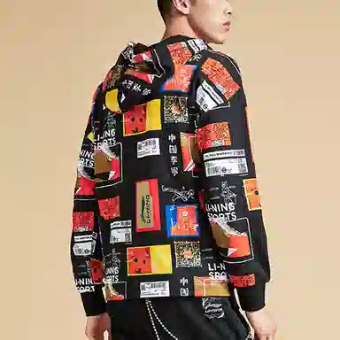 中国李宁 运动篮球系列 绘画元素撞色宽松连帽卫衣 男款 黑色