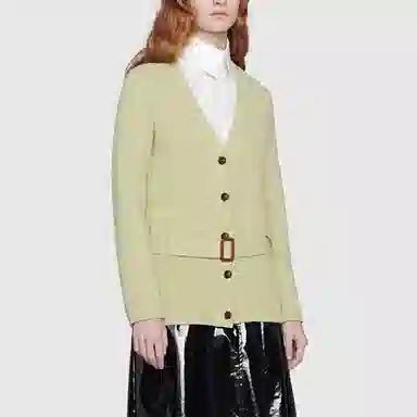 GUCCI SS22 V-Neck Tie Waist Knit Sweater Green