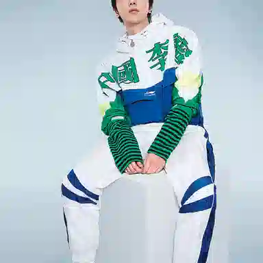 中国李宁 巴黎时装周 拼色时尚运动夹克 男款 白绿色