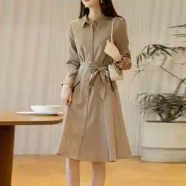 【dme】 格子满印衬衫式系带收腰长长袖连衣裙 女款 浅咖色