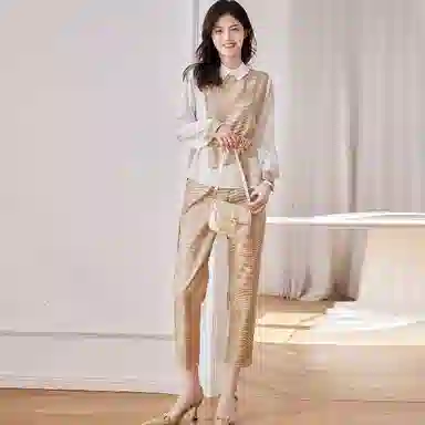 【dme】 衬衫职业套装优雅收腰时尚裤子两件套休闲套装 女款 杏色