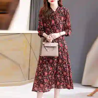 【dme】法式飘带领收腰显瘦碎花长袖连衣裙 红色
