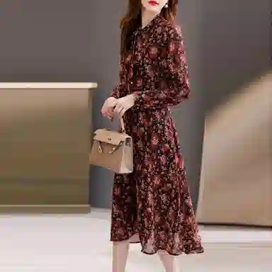 【dme】法式飘带领收腰显瘦碎花长袖连衣裙 红色