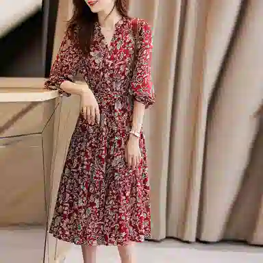 【dme】 花卉满印收腰显瘦长袖连衣裙 酱红色