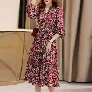 【dme】 花卉满印收腰显瘦长袖连衣裙 酱红色