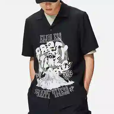 中国李宁 夏日派对 趣味印花系扣翻领短袖衬衫 男款 黑色