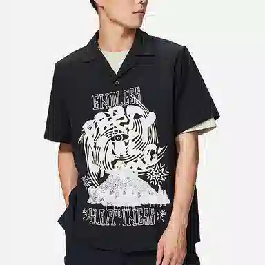 中国李宁 夏日派对 趣味印花系扣翻领短袖衬衫 男款 黑色