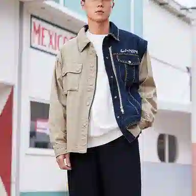 李宁 撞色拼接水洗宽松牛仔外套 秋季 男款 浮土色牛仔蓝    送男生